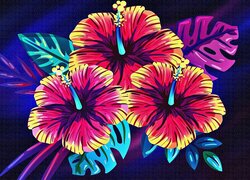 Trzy kwiaty hibiskusa z liśćmi w 2D