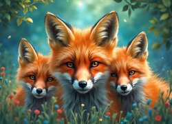 Trzy, Lisy, Trawa, Kwiaty, Grafika