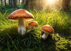 Trzy muchomory w promieniach słońca w trawie