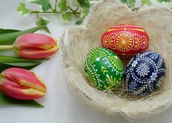 Jajka, Kolorowe, Pisanki, Koszyk, Tulipany, Wielkanoc
