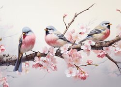 Trzy ptaki na gałęzi drzewa owocowego z różowymi kwiatami