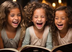 Trzy roześmiane dziewczynki z książkami