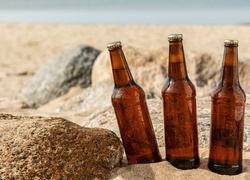 Trzy schłodzone butelki piwa na piasku