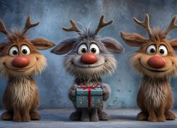 Trzy uśmiechnięte renifery z prezentem