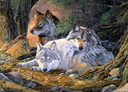 Trzy wilki pod drzewami w lesie