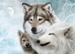 Trzy wilki w zimowej scenerii