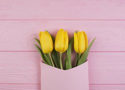 Trzy żółte tulipany w kopercie