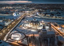 Rosja, Obwód tulski, Miasto, Tuła, Zima, Oświetlone, Muzeum broni, Drogi