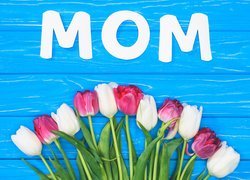 Dzień Matki, Bukiet, Tulipany, Napis, Niebieskie, Deski