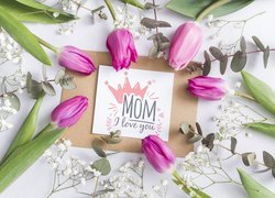 Dzień Matki, Kwiaty, Różowe, Tulipany, Białe, Gipsówki, Koperta, Kartka, Napisz, Mom, I love you