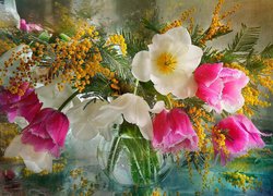 Kwiaty, Tulipany, Akacja srebrzysta, Wazon, Bukiet