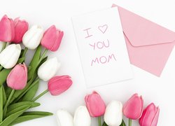 Kwiaty, Tulipany, Kartka, Koperta, Napis, Dzień Matki