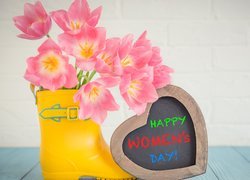 Dzień kobiet, Kalosz, Bukiet, Tulipany, Serce, Napis, Happy Womens Day
