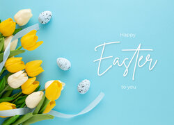 Wielkanoc, Kolorowe, Jajka, Napis, Happy Easter, Niebieskie, Tło