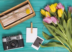 Tulipany obok aparatu i prezentu w skrzyneczce