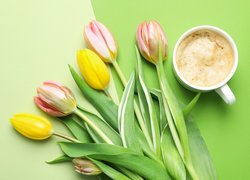 Kwiaty, Tulipany, Żółte, Różowe, Filiżanka, Kawa