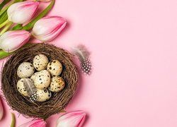 Tulipany, Gniazdo, Jajka, Wielkanoc, Różowe, Tło
