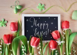 Wielkanoc, Tulipany, Konwalie, Tablica, Napis, Happy Easter, Zawieszka, Serce, Jajeczka