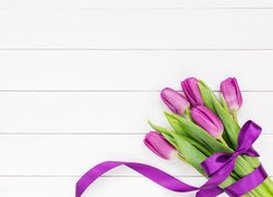 Tulipany przewiązane fioletową wstążką
