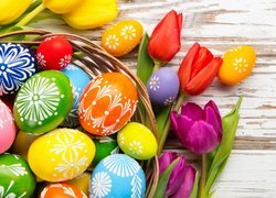 Wielkanoc, Kolorowe, Pisanki, Tulipany, Koszyk, Deski