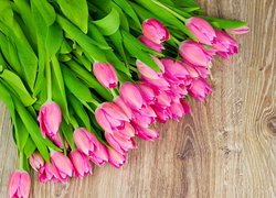 Kwiaty, Bukiet, Tulipany różowe, Łodygi, Stół