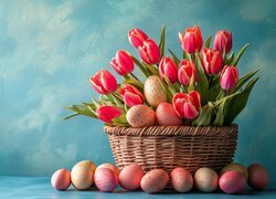 Wielkanoc, Kolorowe, Pisanki, Czerwone, Tulipany, Kosz