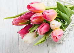 Kolorowe, Tulipany, Koszyk, Deski