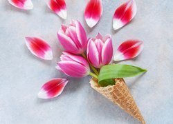 Kwiaty, Trzy, Tulipany, Płatki, Rożek, Waflowy, Biało-niebieskie, Tło