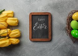 Papierowa, Torba, Tulipany, Tabliczka, Napis, Happy Easter, Pisanki, Wielkanoc