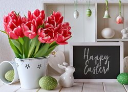 Tulipany, Wazon, Pisanki, Zajączki, Tablica, Napis, Happy Easter, Zawieszki, Kompozycja, Wielkanoc