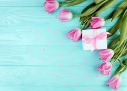Różowe, Tulipany, Prezent, Deski