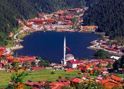 Turcja, Prowincja Trabzon, Caykara, Jezioro, Domy, Meczet, Drzewa, Lasy