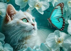 Kot, Motyl, Turkusowy, Storczyki, AI, Kwiaty, Orchidee, Biały Kot, Turkusowy Motyl, Storczyk