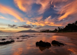 Hawaje, Plaża, Morze, Palmy, Zachód słońca