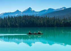 Kanada, Kolumbia Brytyjska, Jezioro, Emerald Lake, Park Narodowy Yoho, Kajak, Las, Drzewa, Góry