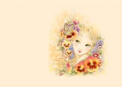 Dziewczynka, Kwiaty, Fiołki, Wiosna, Motyle, Grafika