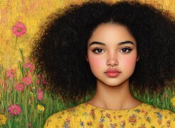 Kobieta, Kręcone, Włosy, Afro, Kwiaty