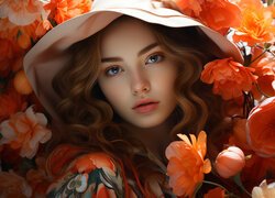 Kobieta, Kapelusz, Pomarańczowe, Kwiaty, 2D