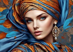 Kobieta, Turban, Materiał, Kolczyk, Grafika