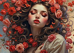 Kobieta, Makijaż, Kwiaty, Czerwone, Róże