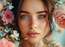 Dziewczyna, Niebieskooka, Brunetka, Spojrzenie, Kwiaty, Grafika, 3D 2D, Kobieta