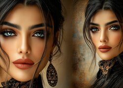 Twarz tej samej kobiety z kolczykami w zbliżeniu i z oddali