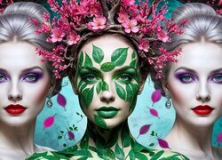 Twarze trzech kobiet z różowymi kwiatami we włosach