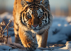 Tygrys idący po śniegu