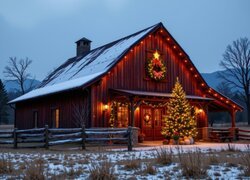 Udekorowana choinka oraz zawieszony wieniec i girlandy przed wejściem do drewnianego domu