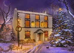 Zima, Dom, Boże Narodzenie, Choinka, Drzewa, Ślady, Noc, Księżyc, Latarnia, 2D