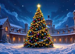 Udekorowana i oświetlona nocą choinka na zaśnieżonym dziedzińcu