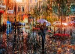 Ulica w deszczu i kobieta z parasolką