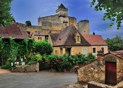 Domy, Ulica, Zamek, Chateau de Castelnaud, Kwiaty, Roślinność, Płot, Francja
