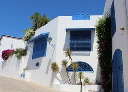 Uliczka z białymi domami w Sidi Bou Said w Tunezji